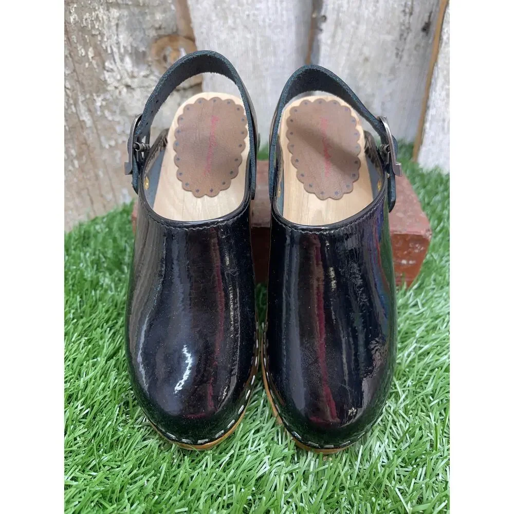 Hanna Andersson Black Patent Leather Wedge Clog Sandals EU30 Kids 12.5
